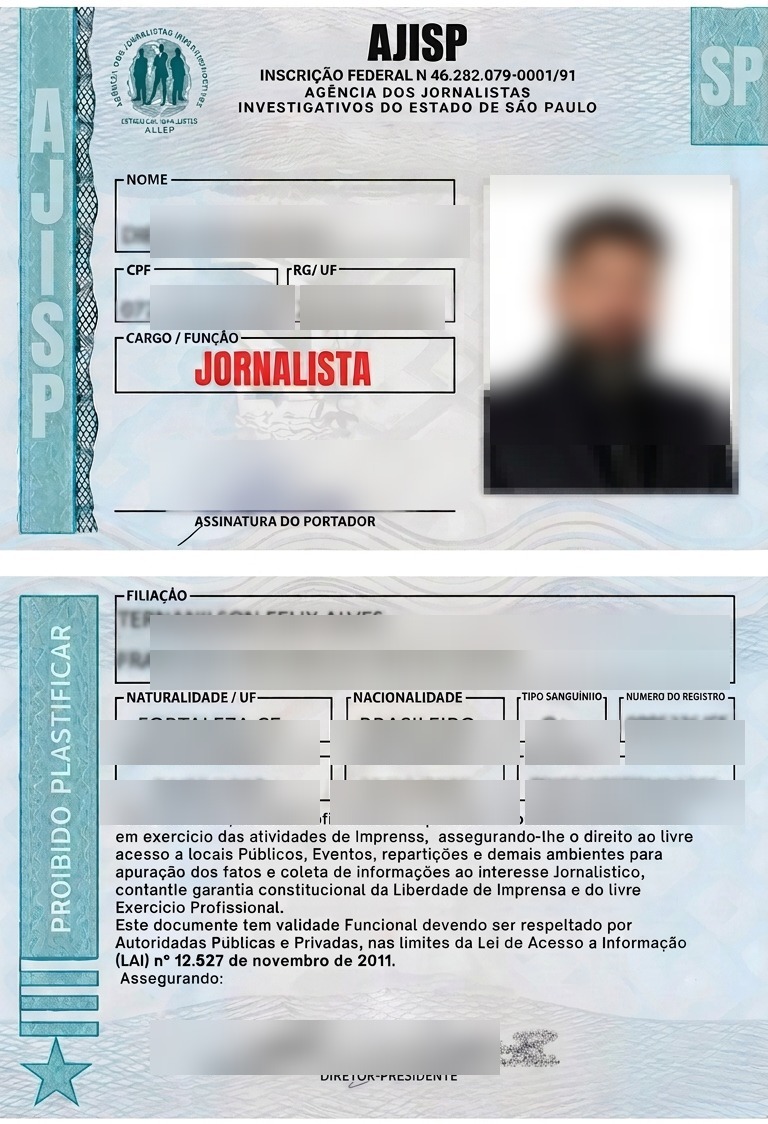 Carteira oficial AJISP de Jornalista Profissional (dados pessoais preservados)