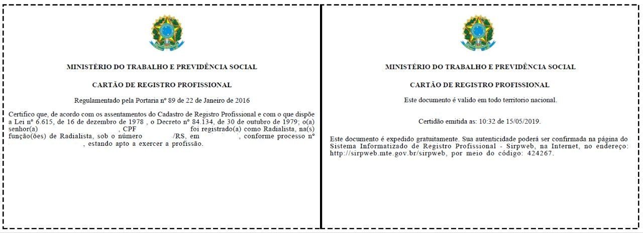 Cartão de Registro Profissional de Radialista — Ministério do Trabalho e Previdência Social