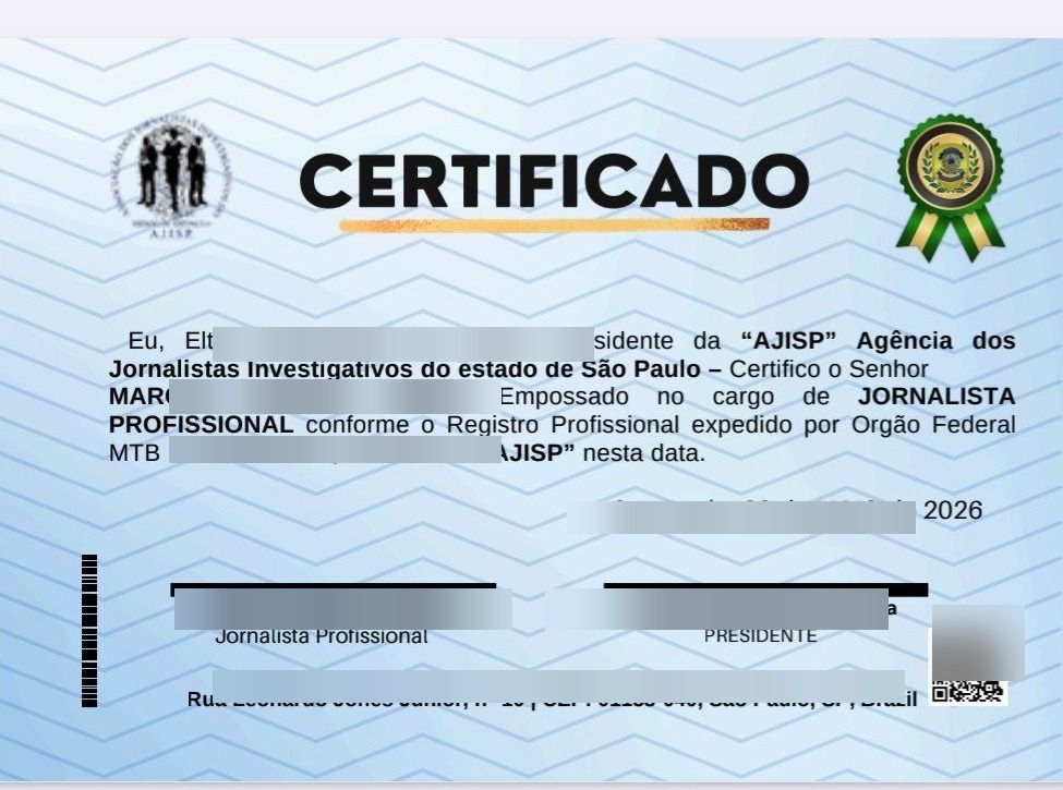 Certificado oficial AJISP de Jornalista Profissional (dados pessoais preservados)